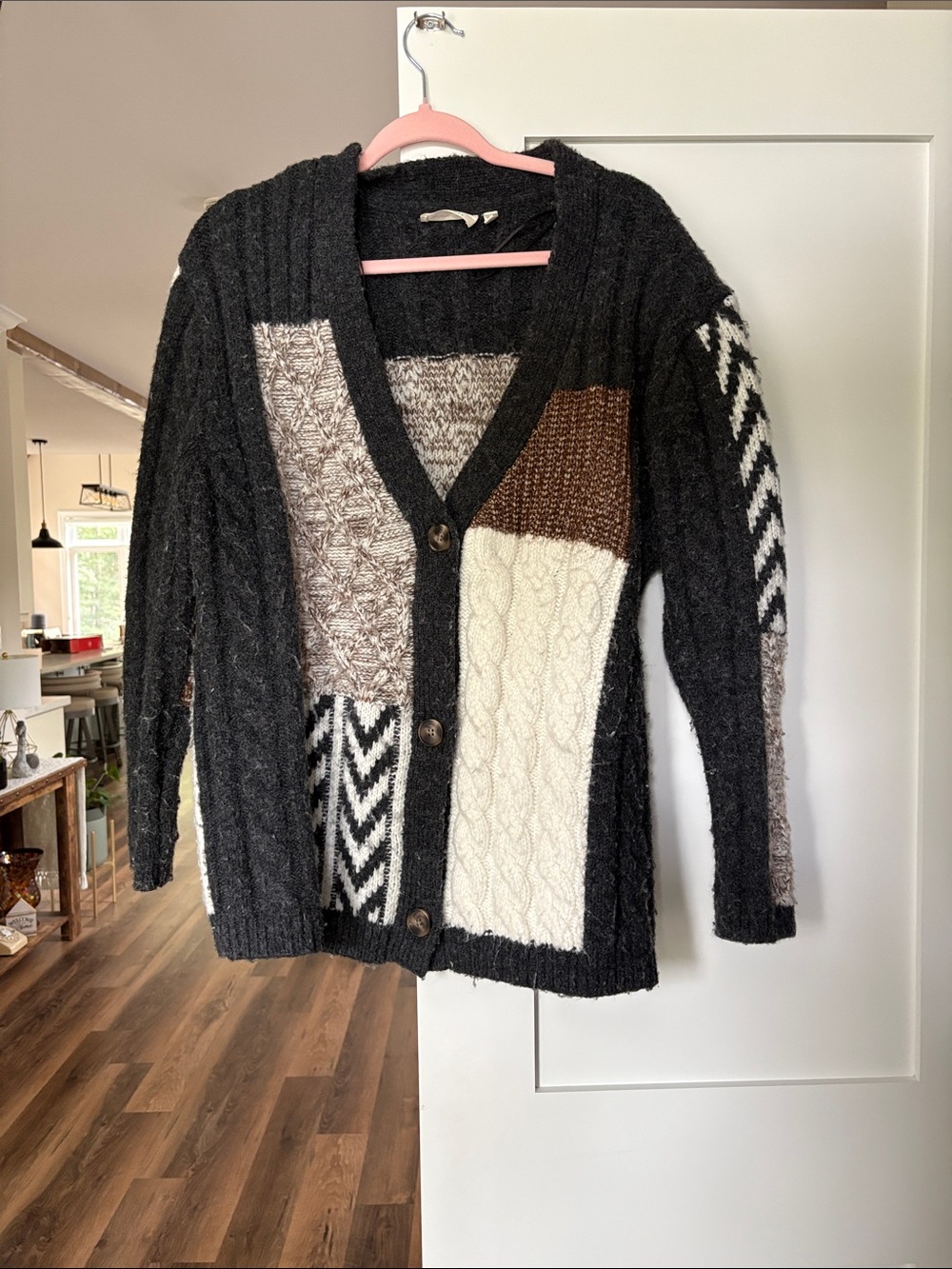 Patchwork Cable-Knit Cardigan Sweater - Black, Cream & Brown
